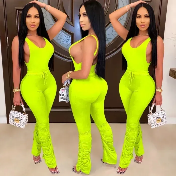 Solid color Neon two piece set | U-neck sleeveless Tank Top & Drawstring elastic Waist pants outfit.