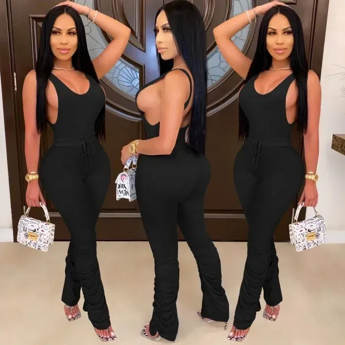 Solid color Black two piece set | U-neck sleeveless Tank Top & Drawstring elastic Waist pants outfit.