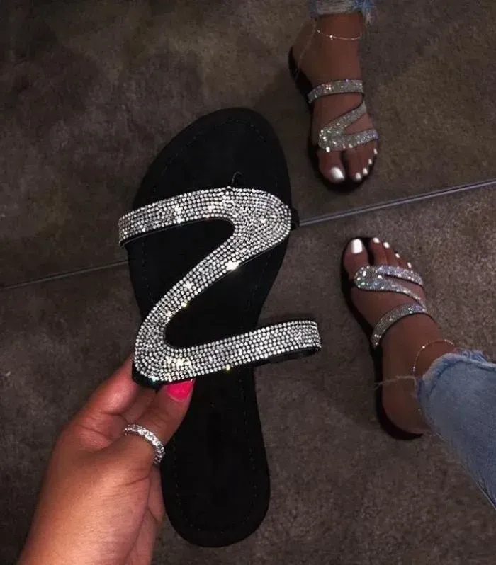 Women Rhinestone Decor Flat Sandals, Glamorous Summer Slide Sandals