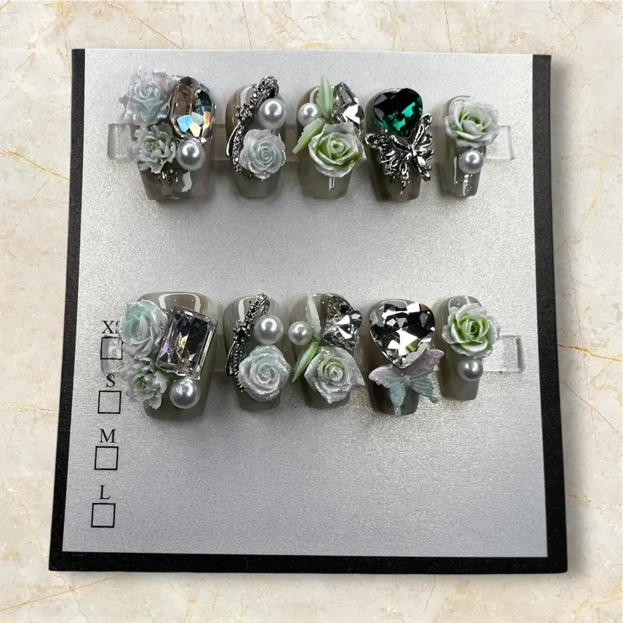(COLOR-WILLOW GREEN) Press-On Nails (Rhinestone) SIZE- LARGE