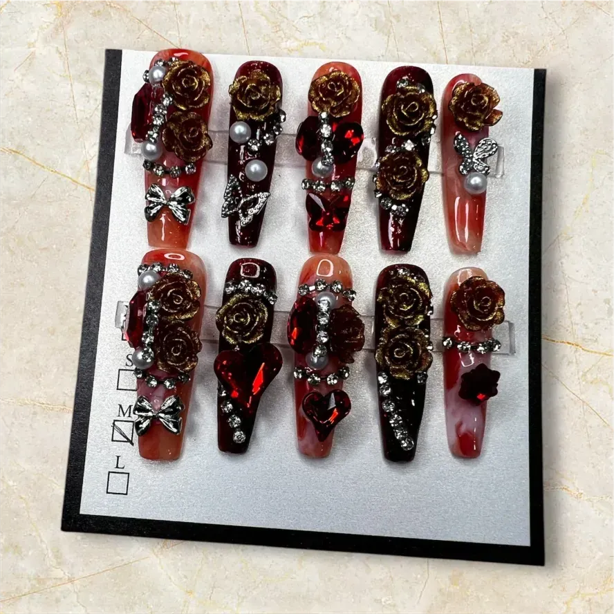 (COLOR-BITTERSWEET) Press-On Nails (Rhinestone) Size - Medium