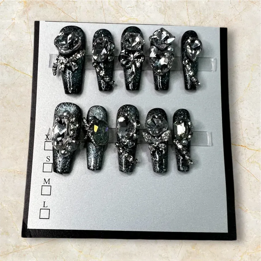 (COLOR-BLUEZY BLACK) Press-On Nails (Rhinestone) SIZE- SMALL