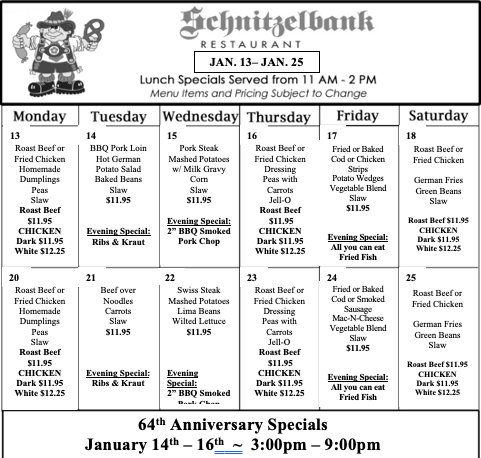 Daily Lunch Specials - Jasper, IN - Schnitzelbank