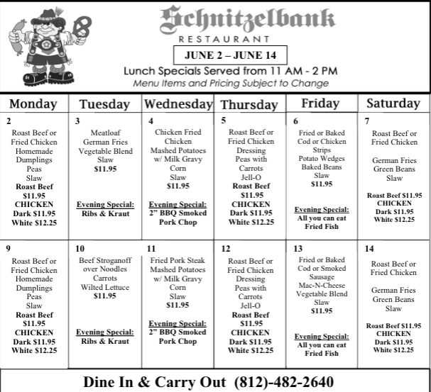Daily Lunch Specials - Jasper, IN - Schnitzelbank