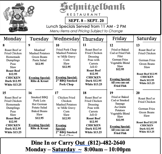 Schnitzelbank restaurant menu with lunch specials from Sept 8-20. Lists daily specials, dine-in/carry-out info.