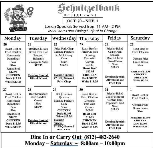 Schnitzelbank restaurant menu with lunch specials from Sept 8-20. Lists daily specials, dine-in/carry-out info.