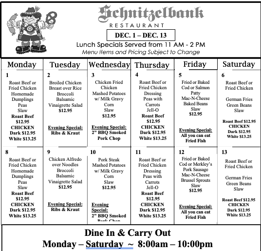 Schnitzelbank restaurant menu with lunch specials from Sept 8-20. Lists daily specials, dine-in/carry-out info.