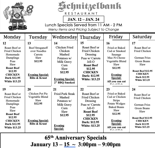Schnitzelbank restaurant menu with lunch specials from Sept 8-20. Lists daily specials, dine-in/carry-out info.