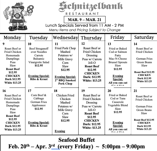 Schnitzelbank restaurant menu with lunch specials from Sept 8-20. Lists daily specials, dine-in/carry-out info.