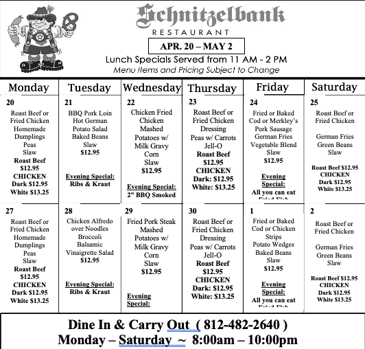Schnitzelbank restaurant menu with lunch specials from Sept 8-20. Lists daily specials, dine-in/carry-out info.