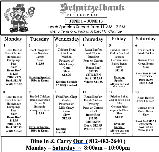 Schnitzelbank restaurant menu with lunch specials from Sept 8-20. Lists daily specials, dine-in/carry-out info.