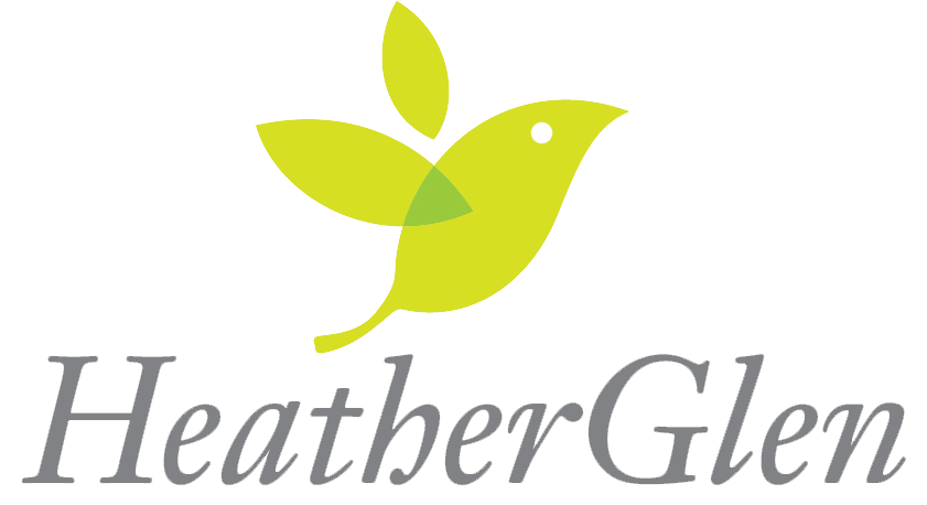 Logo of Heather Glen golf course: A lime green bird  above gray text. 