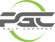 PGC Golf Company logo: Gray interlocking letters with a green partial circle.