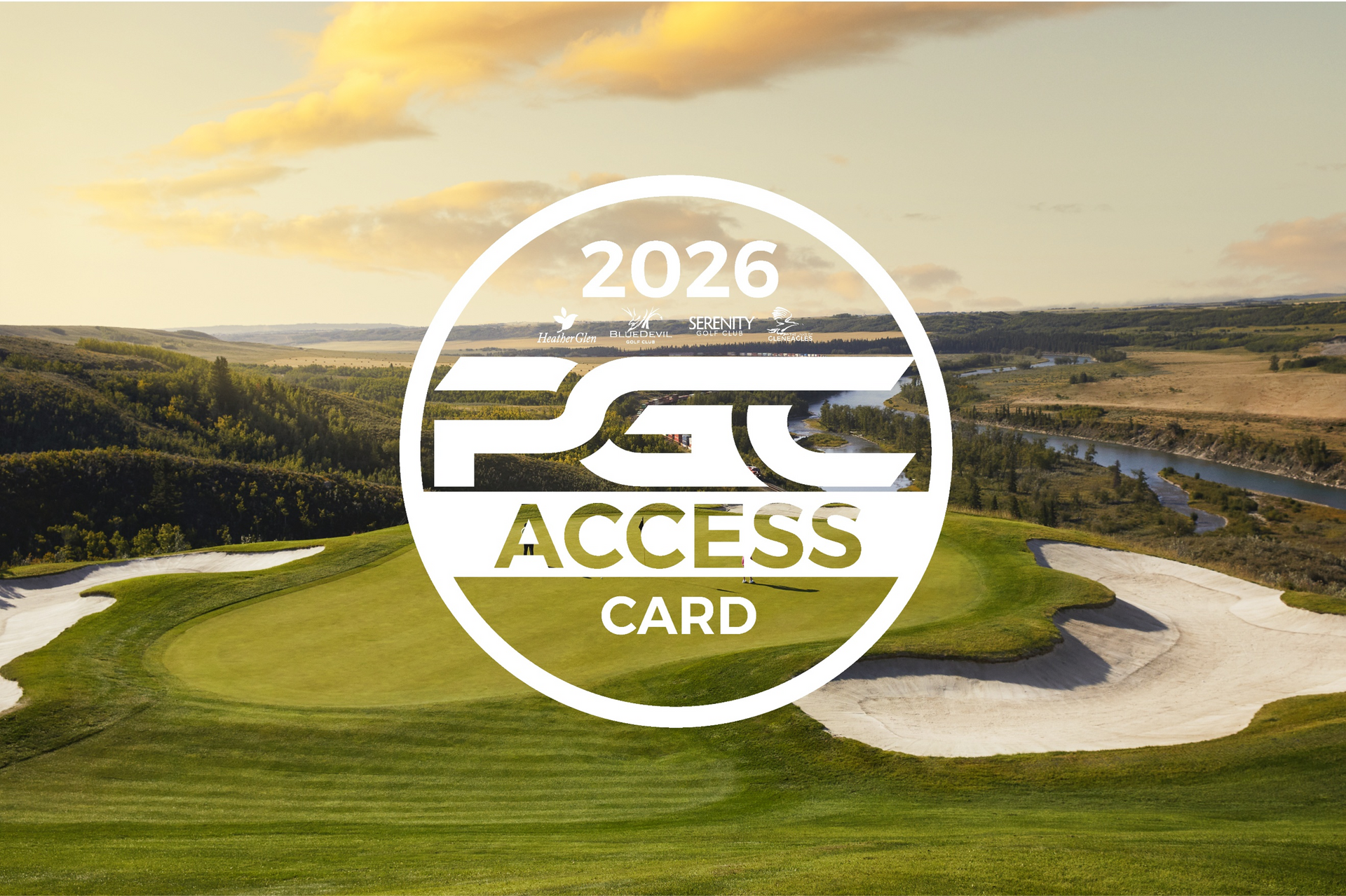 Golfers on a green with a sand trap, mountain range backdrop under cloudy skies.