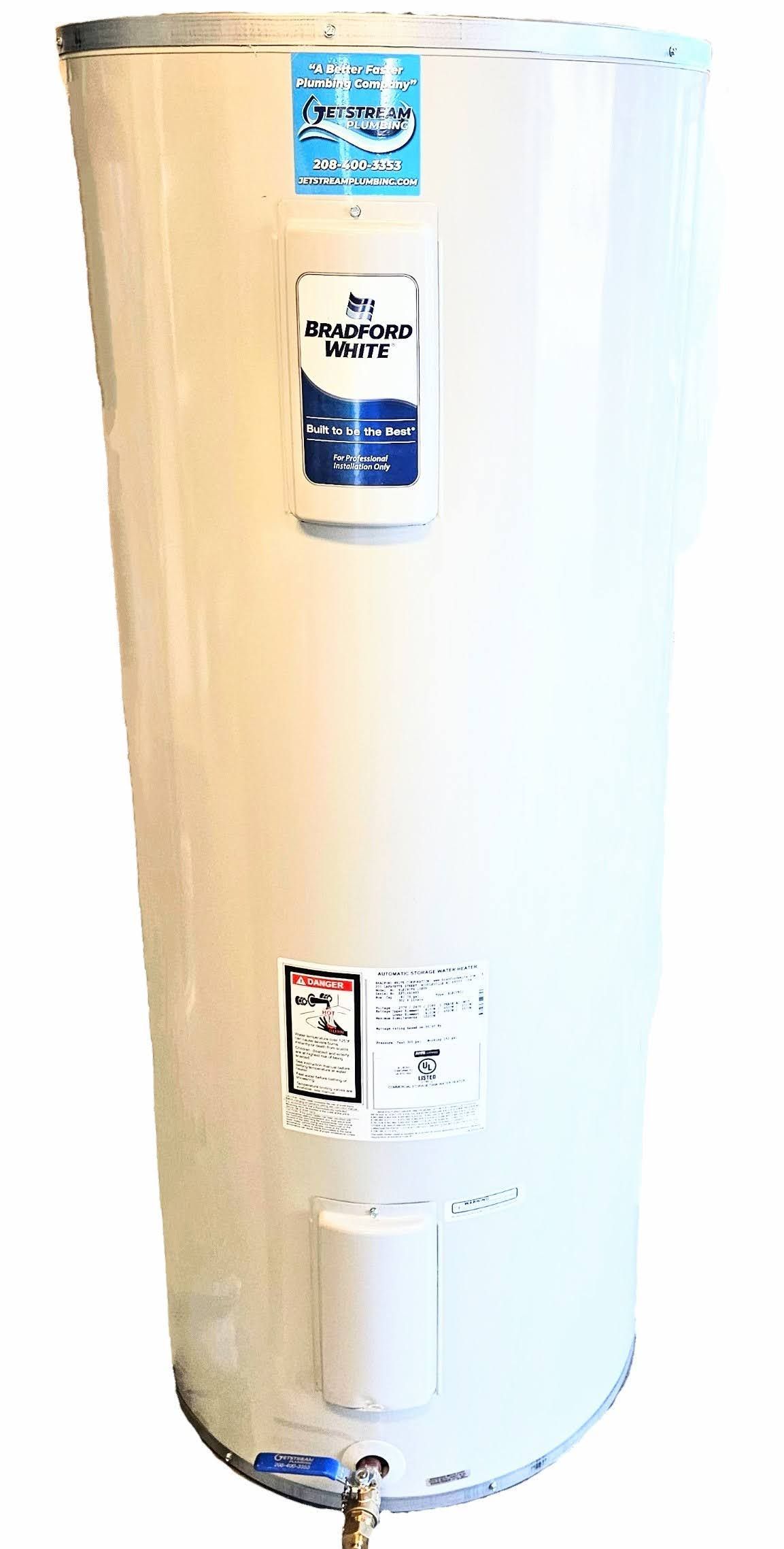 A white water heater is sitting on a white surface.