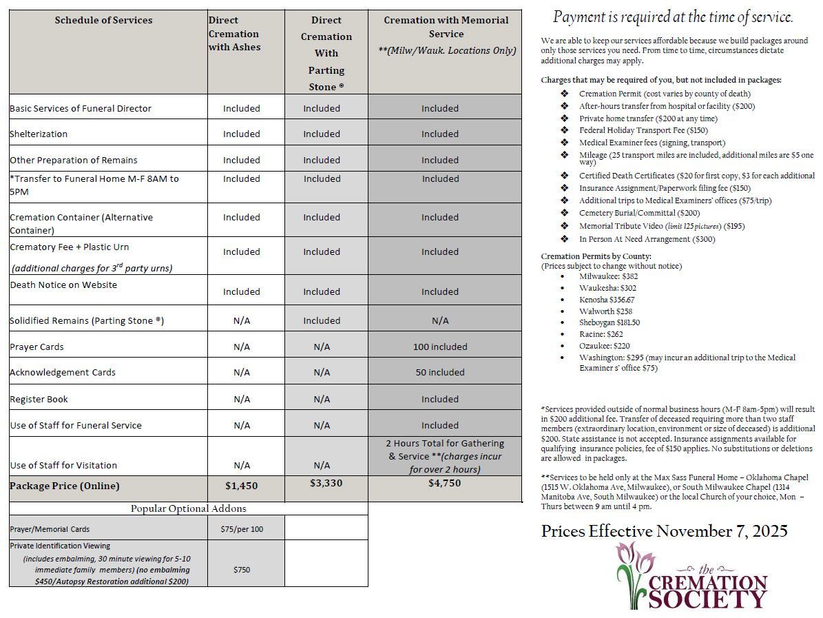 Cremation Prices Cremation Society of Milwaukee Package Pricing