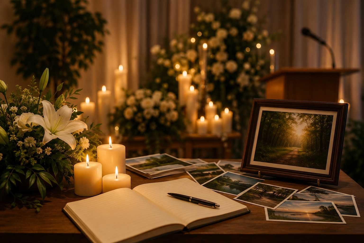 Memorial display with candles, white flowers, family photographs, and a guest book at a remembrance 