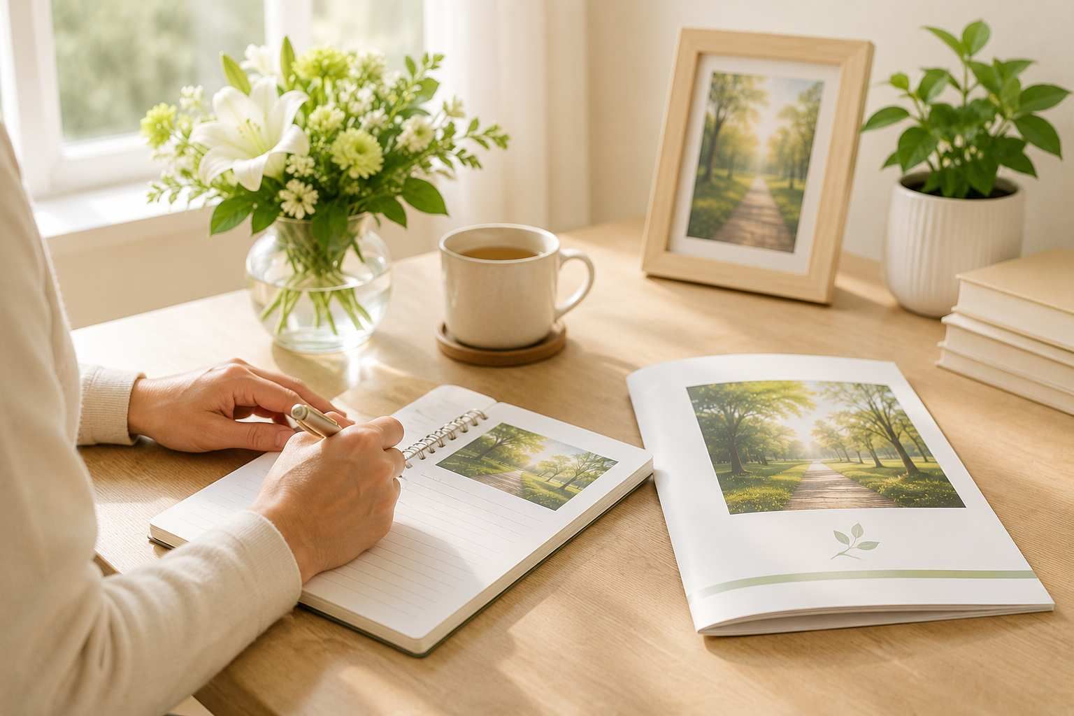 Person writing in a memorial planning journal beside flowers and keepsakes in Milwaukee, WI.