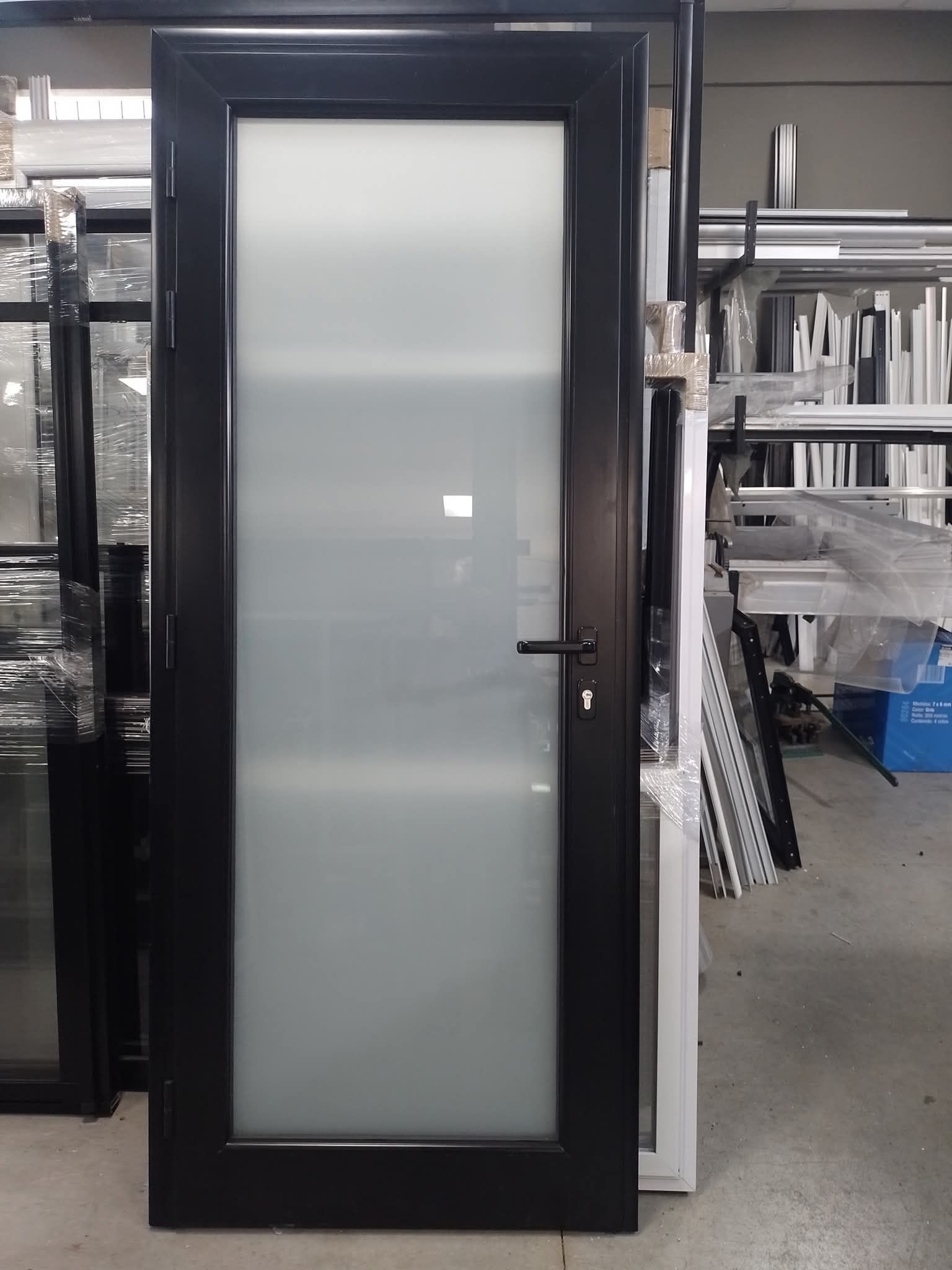 Puerta con marco negro y panel de vidrio esmerilado; ambiente interior.