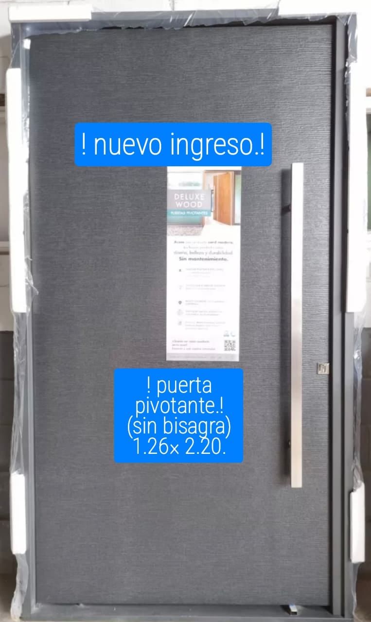 Puerta nueva: gris, pivotante, con manija larga. "Nuevo ingreso" y "Puerta pivotante (sin bisagra)" en recuadros azules.