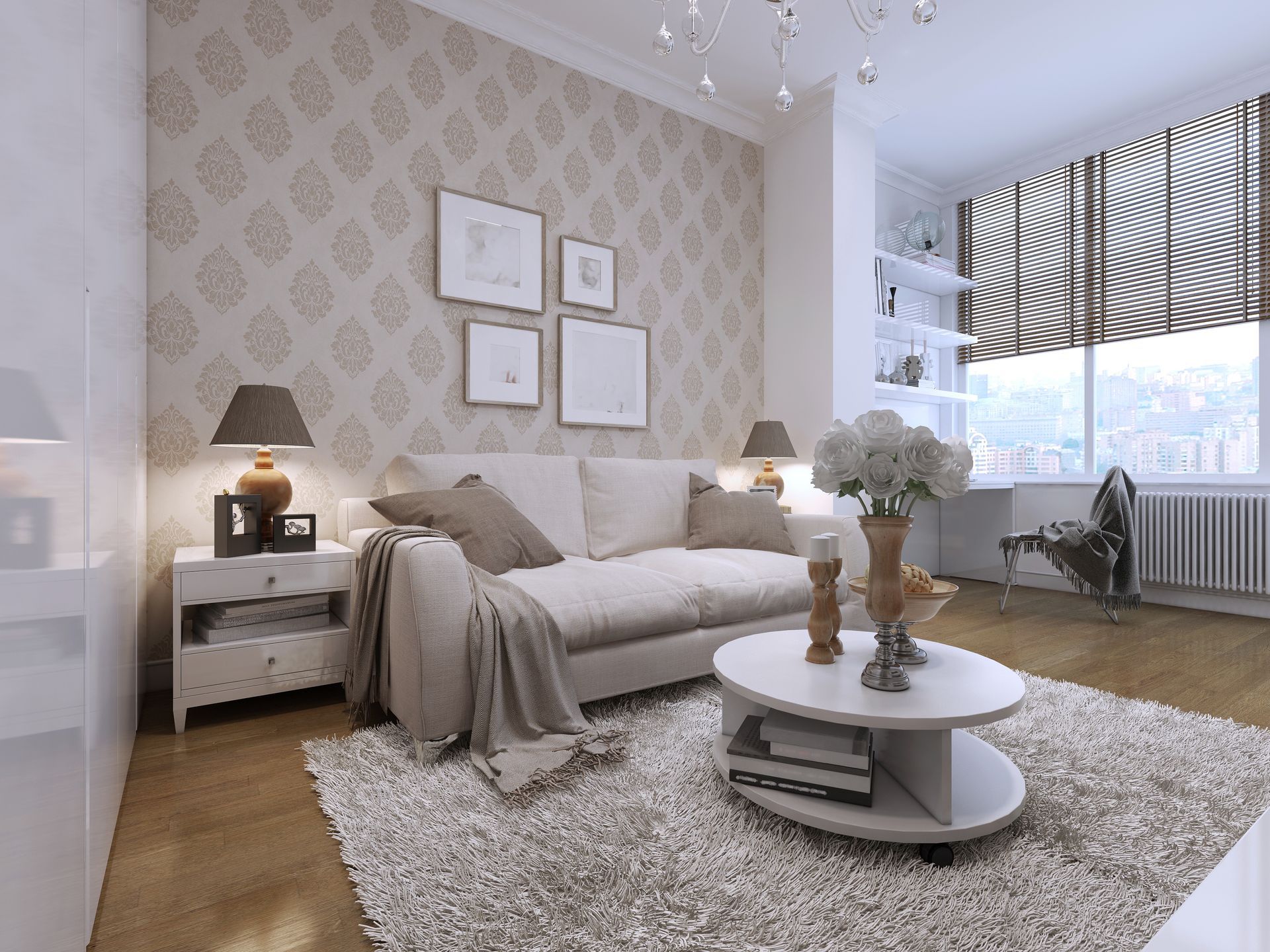 A living room with a couch and a coffee table
