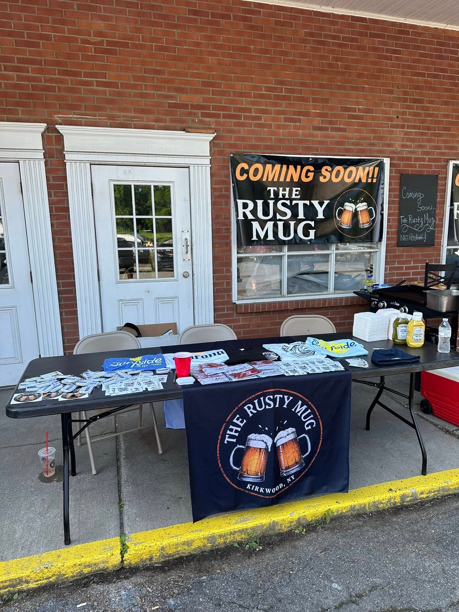 Table set up outside building with 