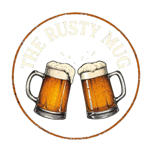 Two beer steins clinking, with foam, inside a circle with "The Rusty Mug" text.