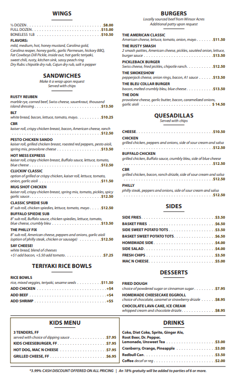 Menu with sections for wings, burgers, sandwiches, salads, rice bowls, kids menu, desserts, and drinks.
