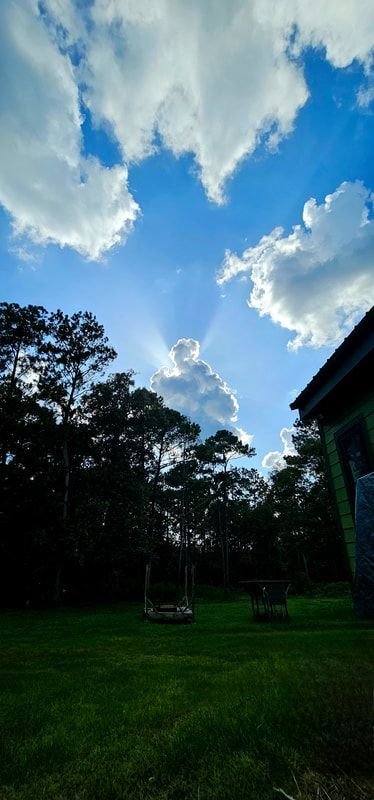 Sunlight streams from behind a bright white cloud in a deep blue sky above a grassy yard and silhouetted trees.