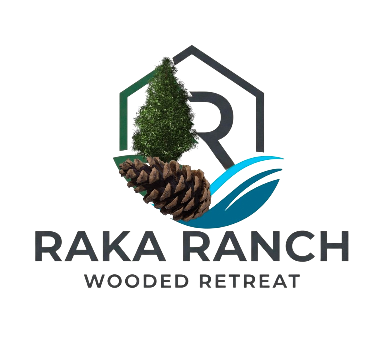Logo for "Raka Ranch Wooded Retreat" featuring a pine tree, pinecone, and abstract blue wave inside a dark hexagon with an R.