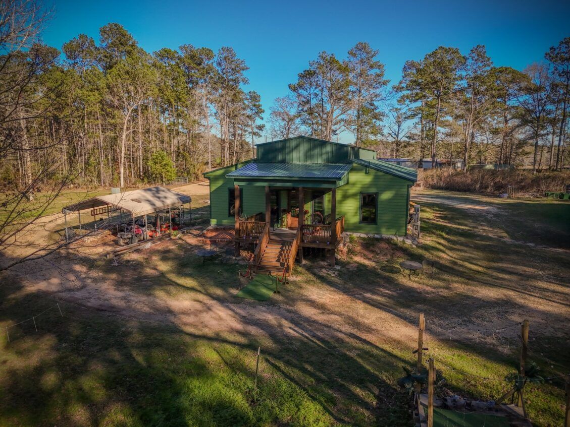 A green cabin with a front porch sits in a clearing surrounded by a pine forest under a clear blue sky.