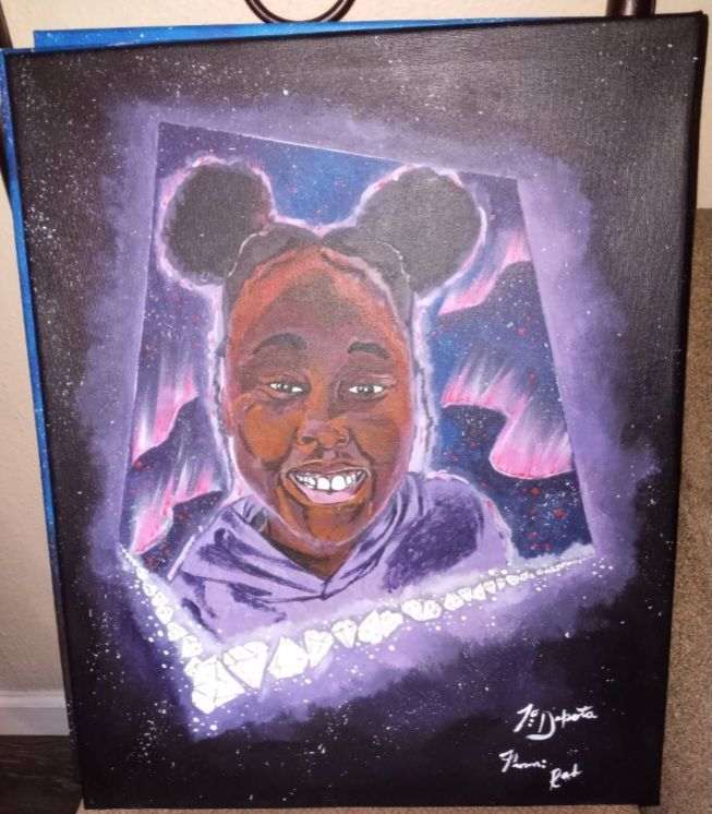 A painting of a girl with mickey mouse ears and a purple background