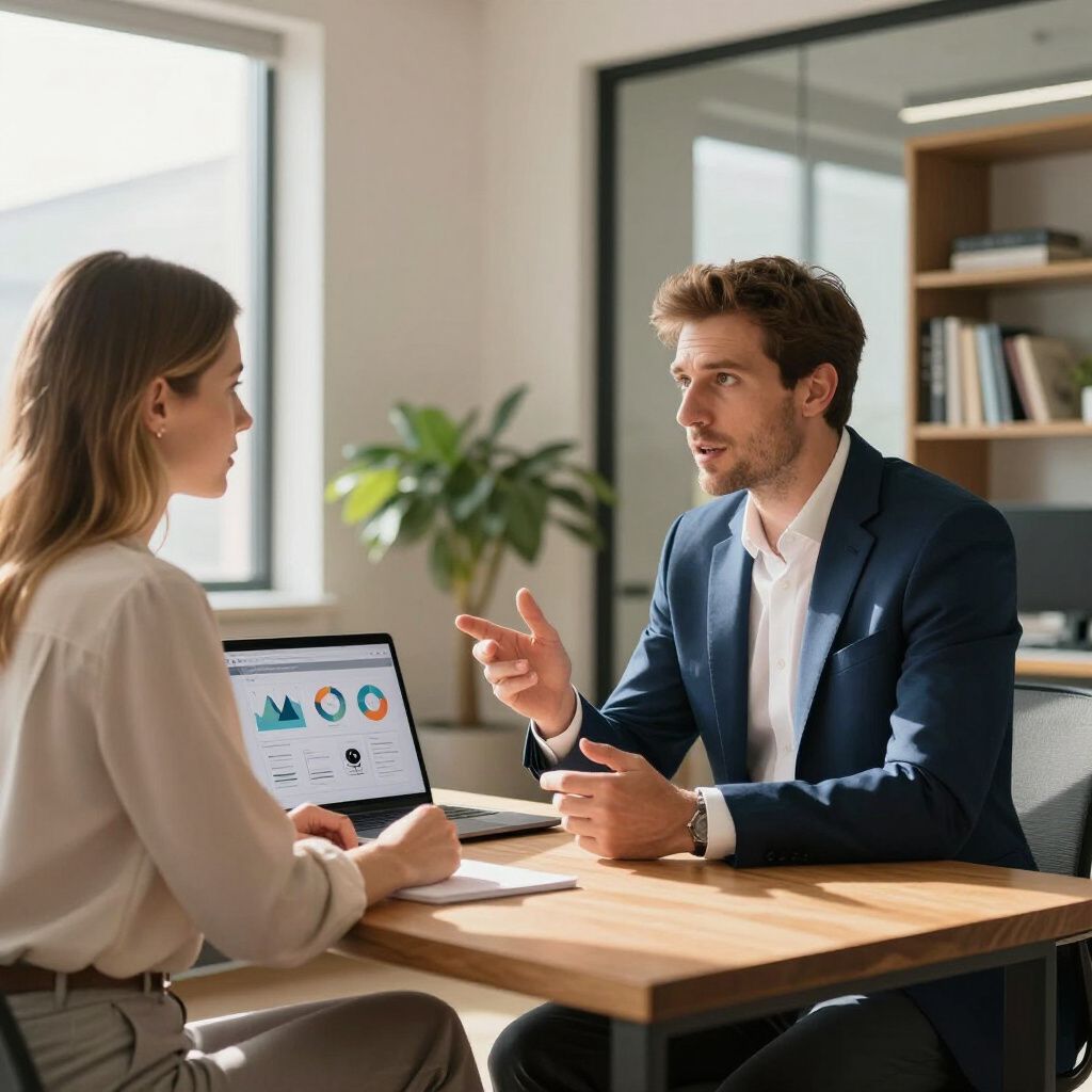 Man in suit gesturing, discussing data on laptop with woman in office.