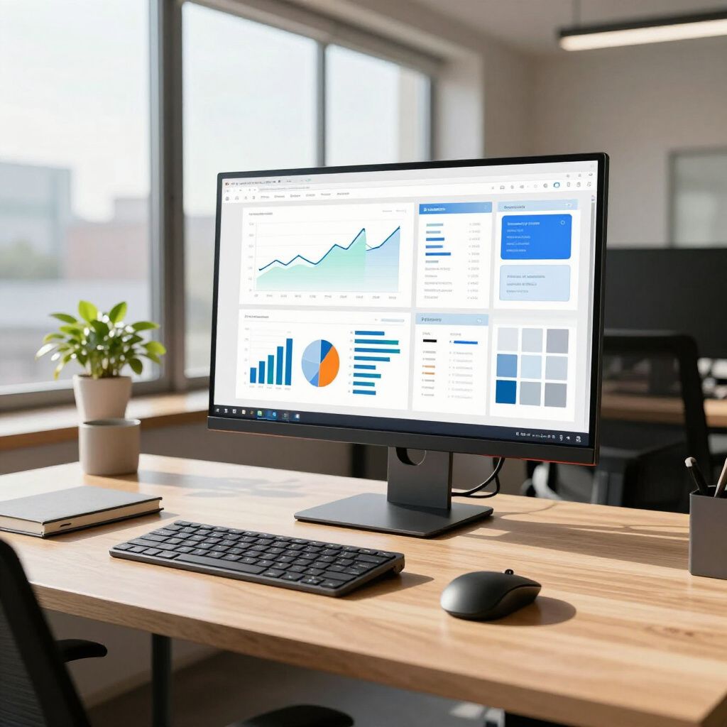 Computer monitor displaying data charts on a wooden desk with keyboard, mouse, and potted plant.