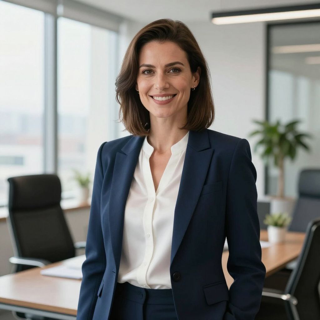 Woman in a navy suit smiles in an office, standing in front of a conference table.