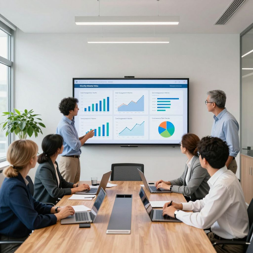 People in a meeting room, looking at charts on a screen. A man points to the screen; others use laptops.