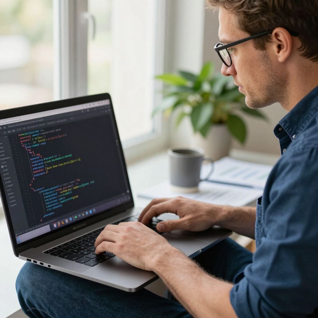 Man wearing glasses coding on a laptop, sitting near a window with a mug and papers.