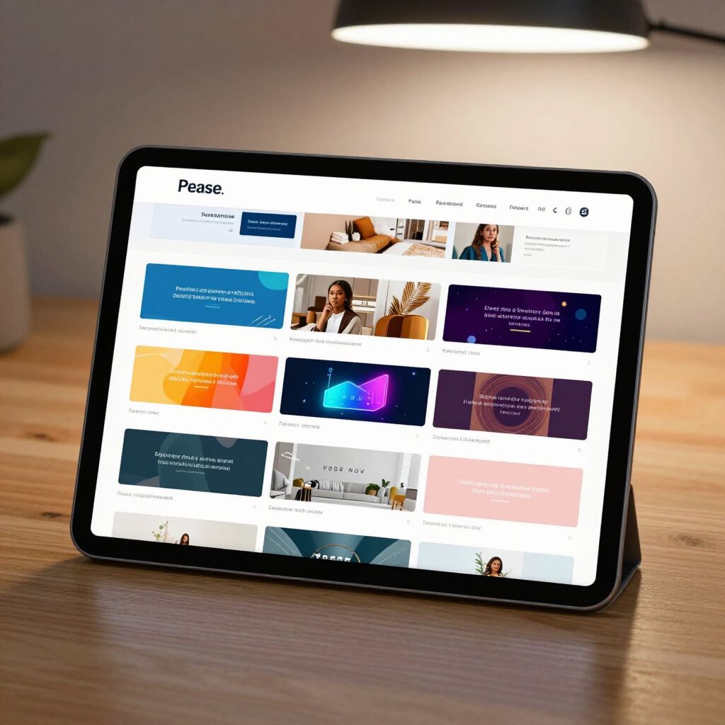 Tablet displaying a website with various colorful banner designs, on a wooden desk.