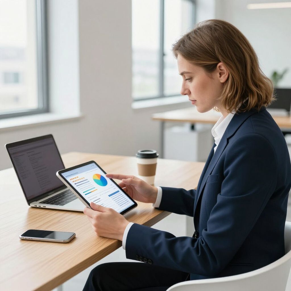 Woman in navy suit reviews a chart on a tablet, laptop open, coffee cup and phone on desk in office.