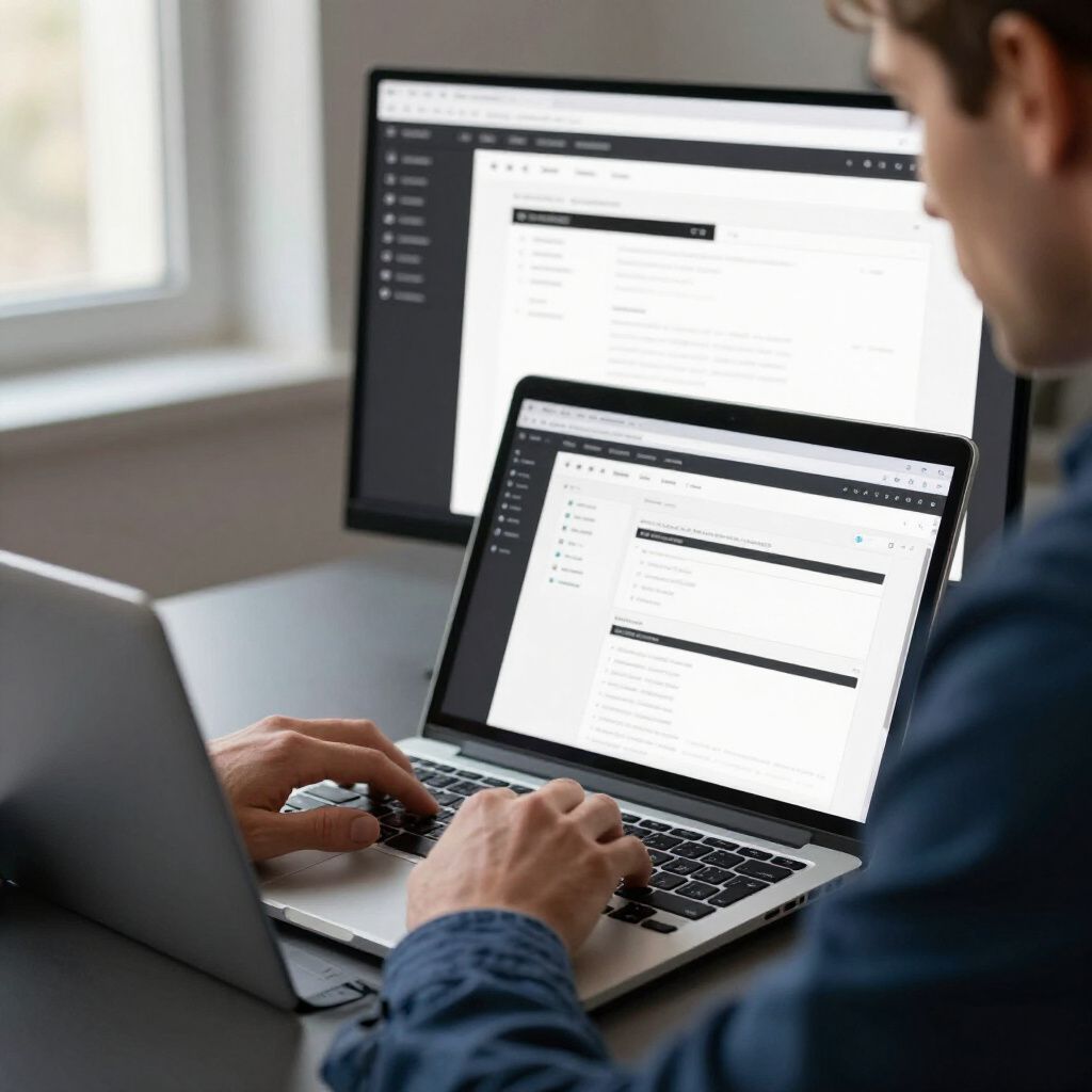 Person typing on a laptop with a monitor showing the same interface.