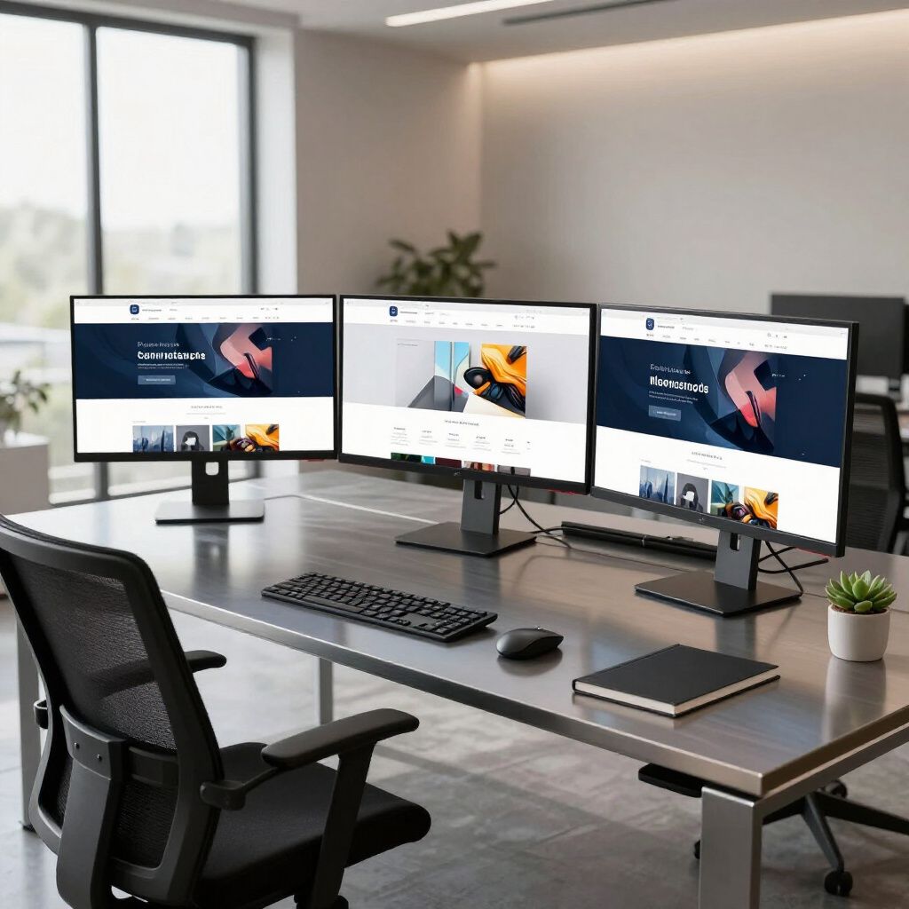 A modern office workstation featuring three computer monitors displaying websites, with a keyboard, mouse, and notebook.