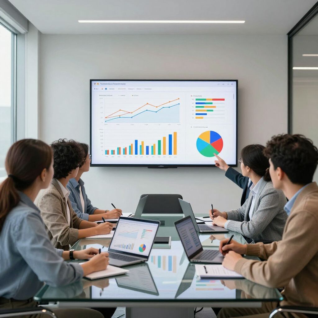 Group in a meeting, reviewing data on a screen. One person points to a pie chart, others take notes.
