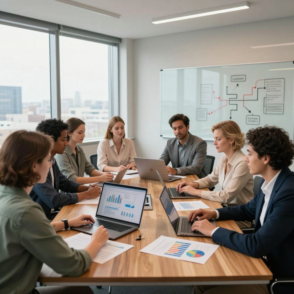 People in a meeting room, working on laptops. A whiteboard is on the wall, and the city is seen through the window.