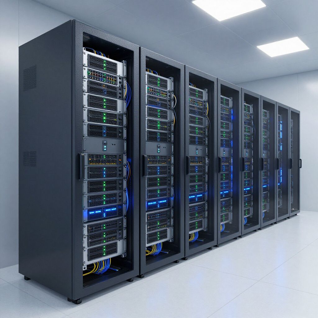 Server racks in a data center, rows of black cabinets with blinking lights and cables.