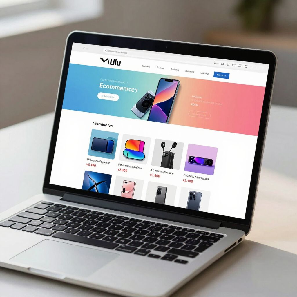 Laptop displaying a website for tech accessories; gradient background with phone, accessories, and product thumbnails.