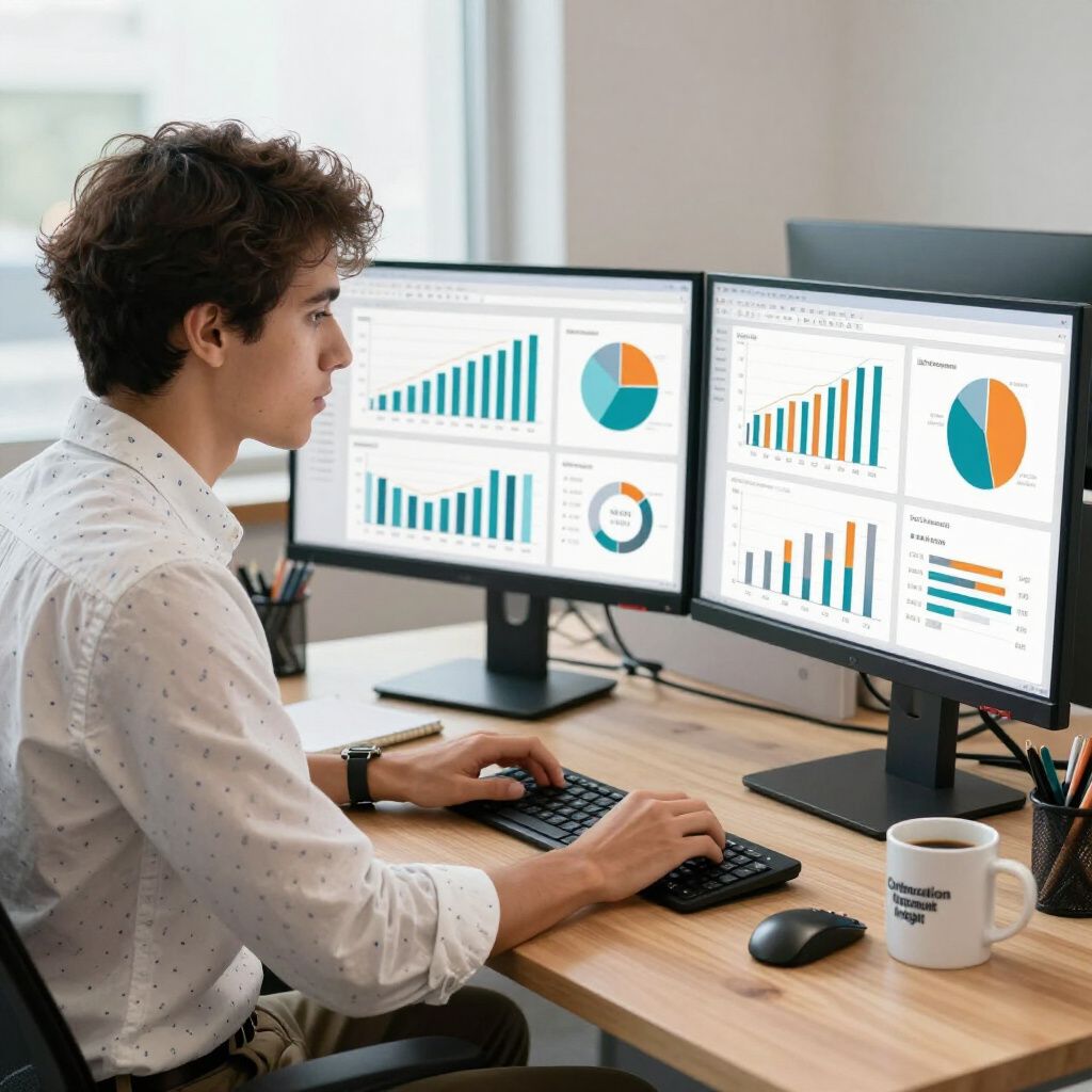 Man working at a desk with two monitors displaying business charts. A coffee mug and mouse sit nearby.