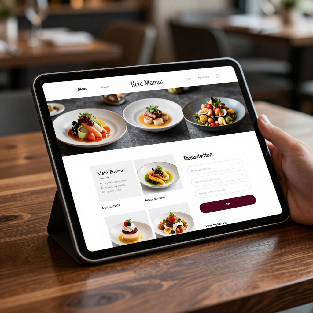 Person holding a tablet displaying a restaurant website with food photos and reservation form.