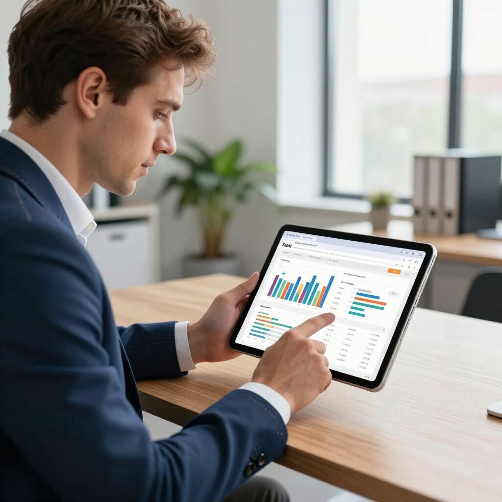 Man in a suit points at data displayed on a tablet, sitting at a desk in an office.
