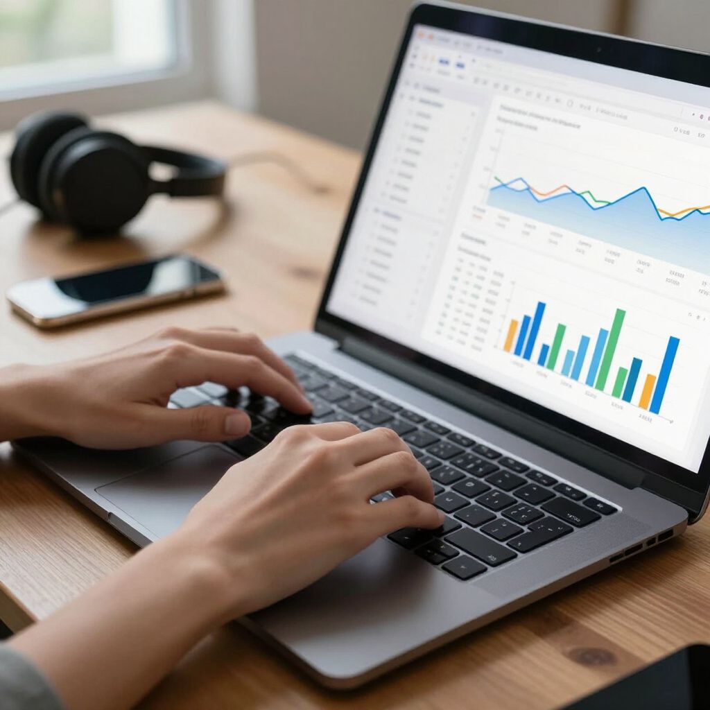 Person typing on laptop, viewing financial charts and graphs at a wooden desk, with headphones and a phone nearby.