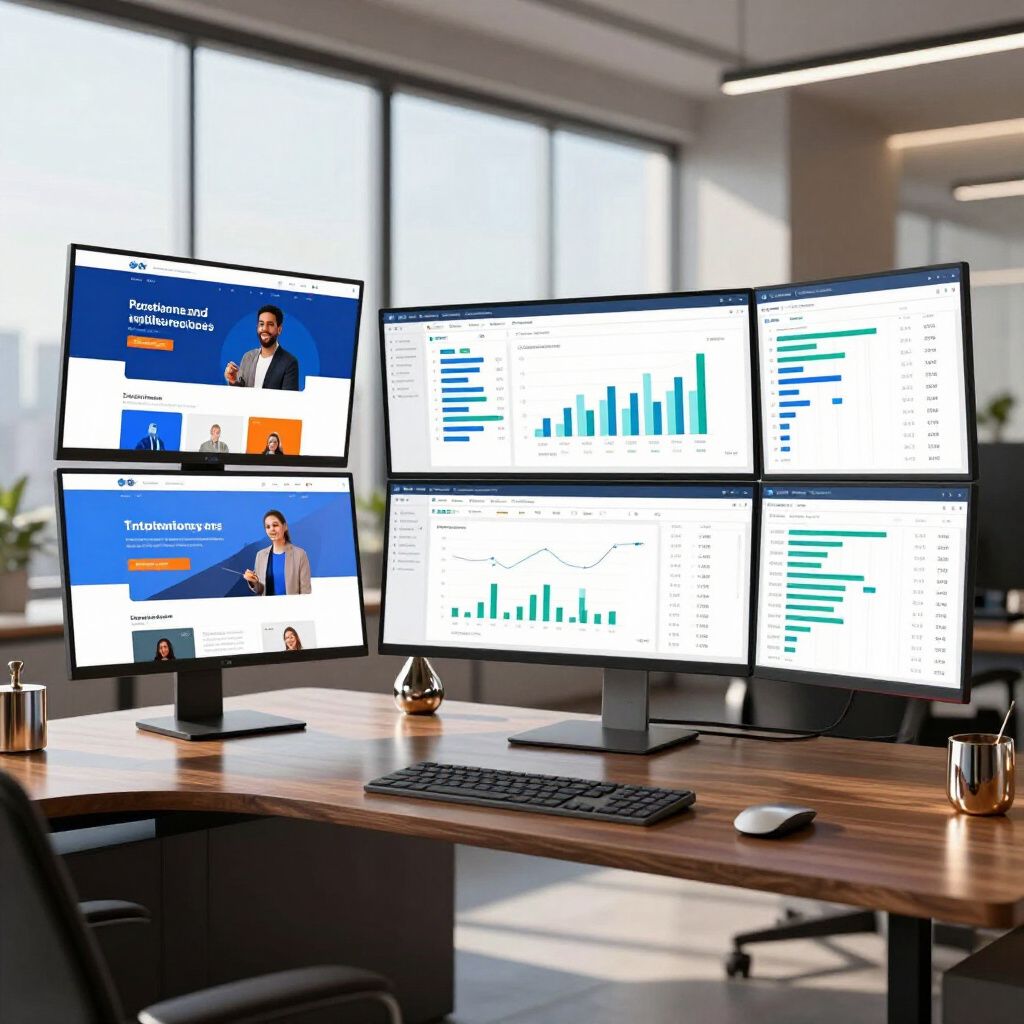 Six computer monitors displaying website and data charts on a wooden desk in an office.